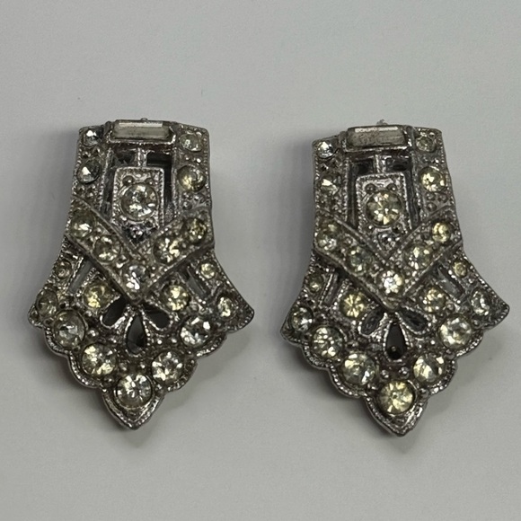 Antique Art Deco Double Dress Clip Clear Rhinestone Brooch - Picture 6 of 15